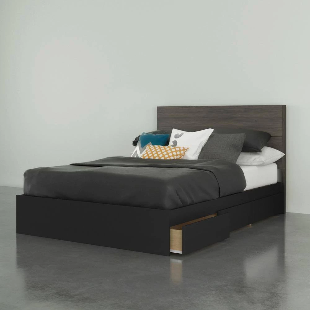 Chinook 76 in. W Bark Grey Laminate, Black Melamine & Laminate Full Size Wood Frame Platform Bed/3 Drawers and Headboard by Nexera 8 Chinook 76 in. W Bark Grey Laminate, Black Melamine & Laminate Full Size Wood Frame Platform Bed/3 Drawers and Headboard by Nexera - Image 6