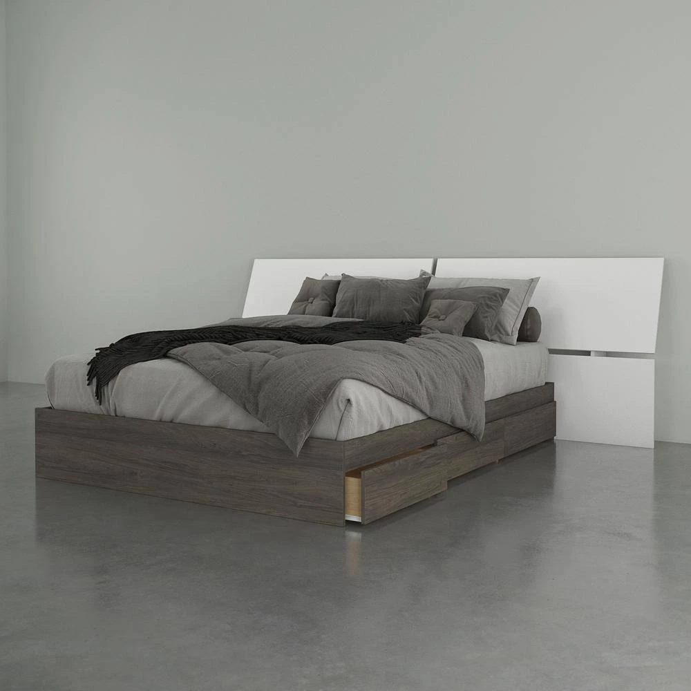 Scenario 81.75 in. W Bark Grey Laminate & White Melamine Queen Size Wood Frame Platform Bed with 3 Drawers and Headboard by Nexera 8 Scenario 81.75 in. W Bark Grey Laminate & White Melamine Queen Size Wood Frame Platform Bed with 3 Drawers and Headboard by Nexera - Image 6