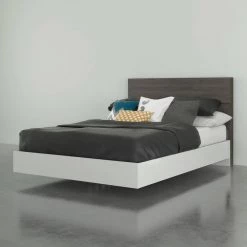 Pure 76 in. W Bark Grey Laminate & White Melamine Full Size Wood Frame Platform Bed with Headboard by Nexera -Nexera Sales Store bark grey laminate white melamine nexera platform beds 402373 31 1000