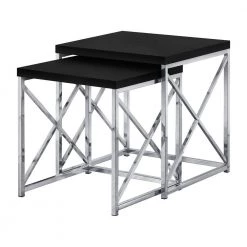 2 Piece Square Nesting Accent Table Set, Black and Chrome by Monarch Specialties