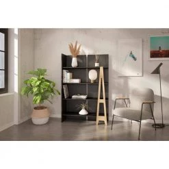Atypik 60 in.Black and Plywood Wood 4-Shelf Etagere Bookcase with Avant-garde detail by Nexera -Nexera Sales Store black and plywood nexera bookcases bookshelves 608506 31 1000