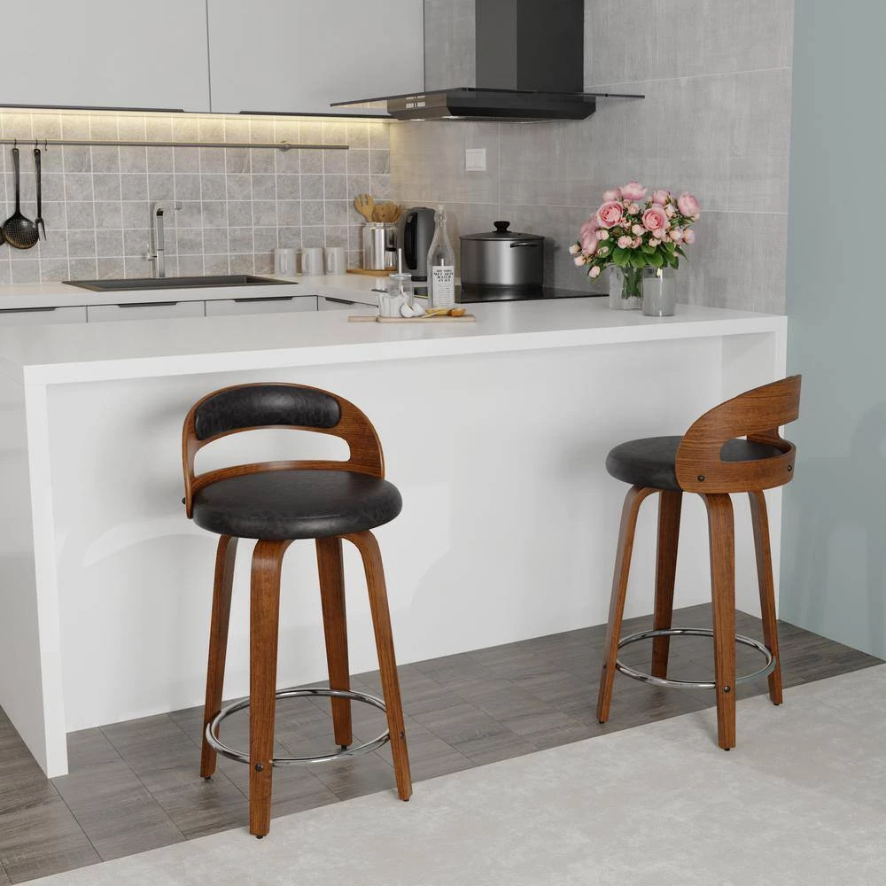 24.8 in. Seat Height Black Faux Leather Modern Barrel Swivel Counter Stool with Round Metal Kickplate by ELUXURY 10 24.8 in. Seat Height Black Faux Leather Modern Barrel Swivel Counter Stool with Round Metal Kickplate by ELUXURY - Image 9