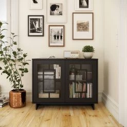 Paragon Black with Rectangular Design Detail Accent Cabinet with 2-Glass Doors by Nexera -Nexera Sales Store black with rectangular design detail nexera accent cabinets 130206 31 1000