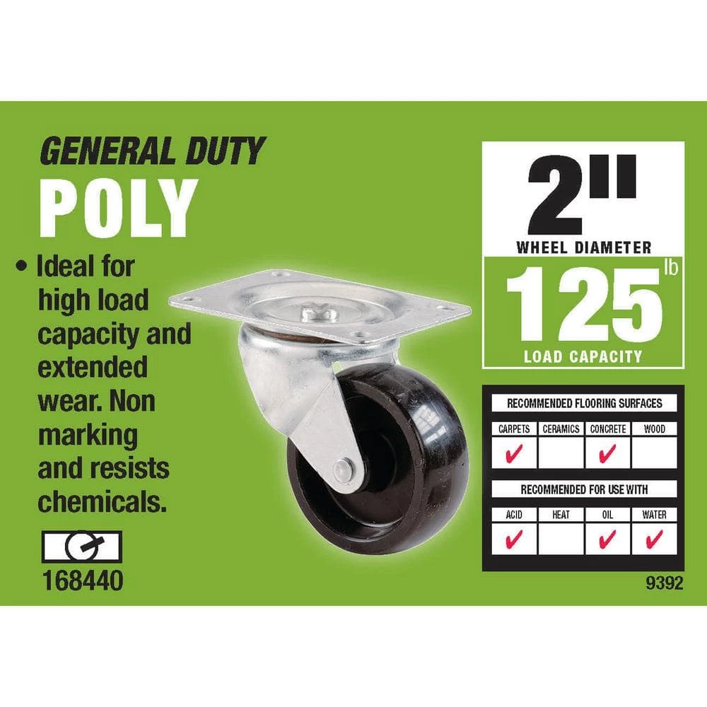 2 in. Black Polypropylene and Steel Swivel Plate Caster with 125 lb. Load Rating by Shepherd 4 2 in. Black Polypropylene and Steel Swivel Plate Caster with 125 lb. Load Rating by Shepherd - Image 2