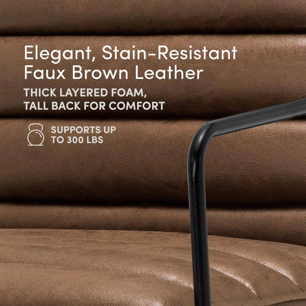 Brown Faux Leather Horizontal Channel Cushion Chair with Metal Arms and Legs by ELUXURY 9 Brown Faux Leather Horizontal Channel Cushion Chair with Metal Arms and Legs by ELUXURY - Image 7
