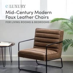Brown Faux Leather Horizontal Channel Cushion Chair with Metal Arms and Legs by ELUXURY 18 Brown Faux Leather Horizontal Channel Cushion Chair with Metal Arms and Legs by ELUXURY -Nexera Sales Store brown faux leather with black metal legs eluxury accent chairs hac037 fl01 ch 4f 1000