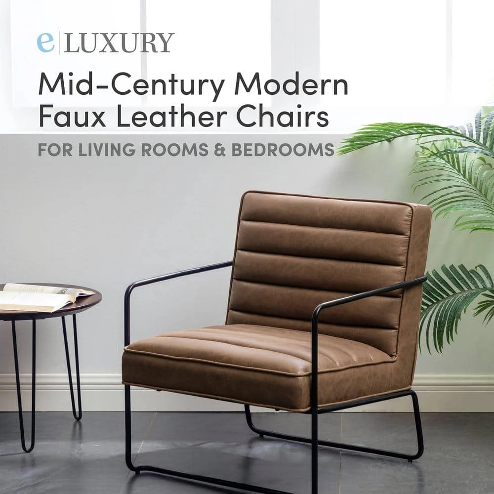 Brown Faux Leather Horizontal Channel Cushion Chair with Metal Arms and Legs by ELUXURY 8 Brown Faux Leather Horizontal Channel Cushion Chair with Metal Arms and Legs by ELUXURY - Image 6