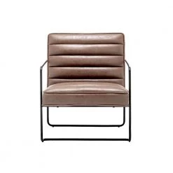 Brown Faux Leather Horizontal Channel Cushion Chair with Metal Arms and Legs by ELUXURY