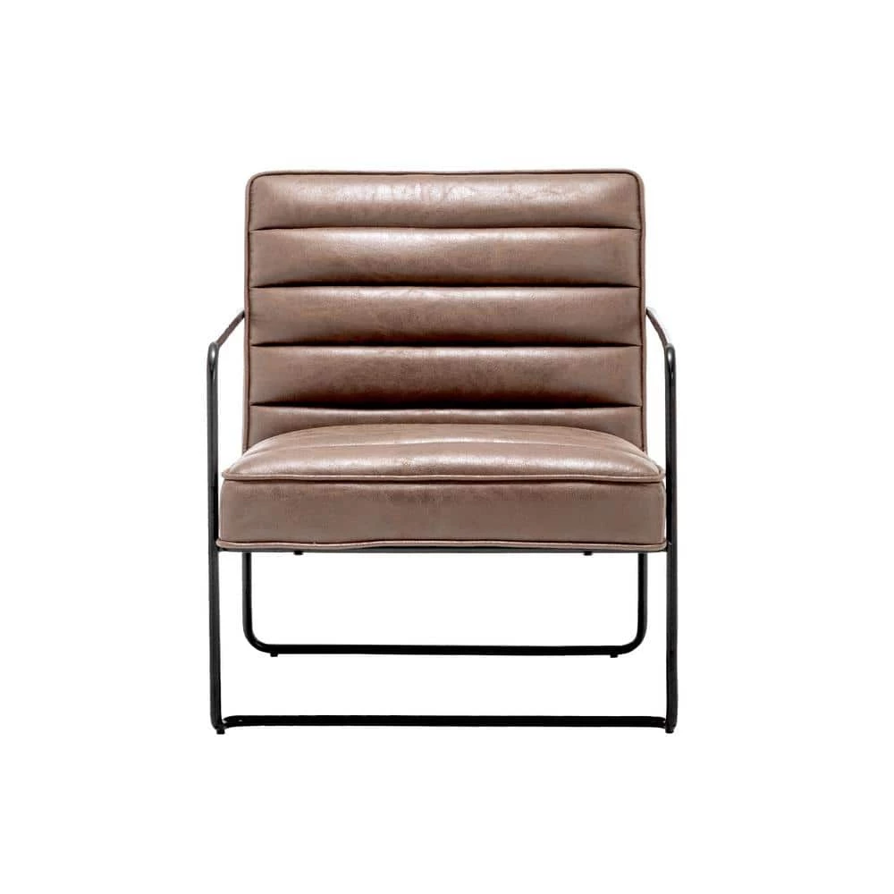 Brown Faux Leather Horizontal Channel Cushion Chair with Metal Arms and Legs by ELUXURY 3 Brown Faux Leather Horizontal Channel Cushion Chair with Metal Arms and Legs by ELUXURY
