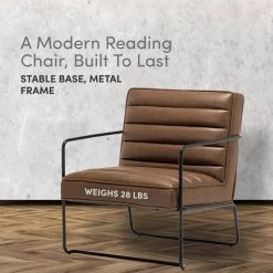 Brown Faux Leather Horizontal Channel Cushion Chair with Metal Arms and Legs by ELUXURY 22 Brown Faux Leather Horizontal Channel Cushion Chair with Metal Arms and Legs by ELUXURY -Nexera Sales Store brown faux leather with black metal legs eluxury accent chairs hac037 fl01 ch 76 1000