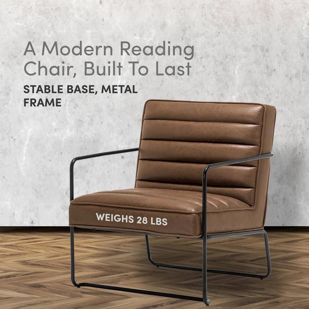 Brown Faux Leather Horizontal Channel Cushion Chair with Metal Arms and Legs by ELUXURY 12 Brown Faux Leather Horizontal Channel Cushion Chair with Metal Arms and Legs by ELUXURY - Image 10