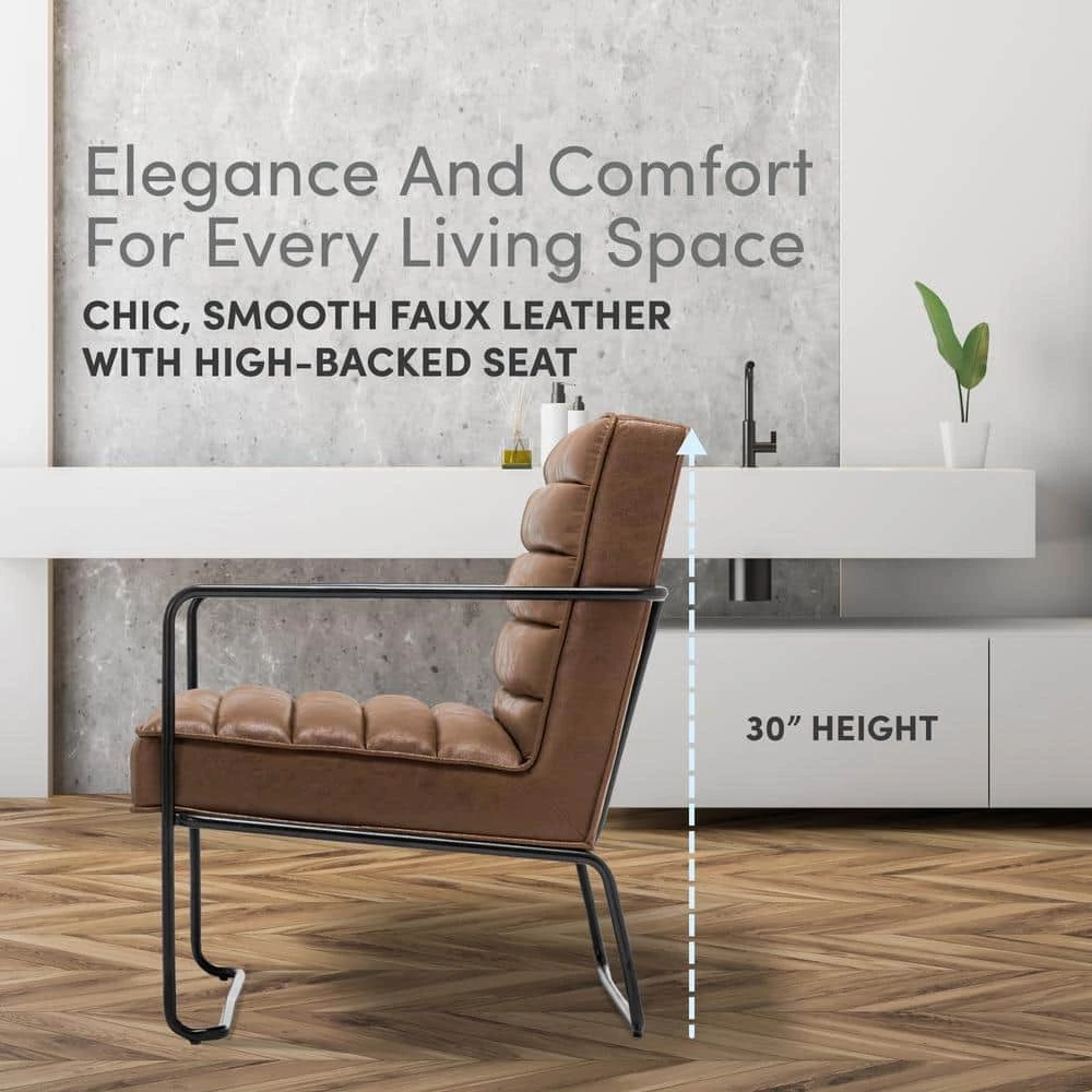 Brown Faux Leather Horizontal Channel Cushion Chair with Metal Arms and Legs by ELUXURY 11 Brown Faux Leather Horizontal Channel Cushion Chair with Metal Arms and Legs by ELUXURY - Image 9
