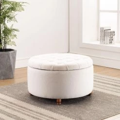 Round Cream Tufted Upholstered Storage Ottoman by ELUXURY 9 Round Cream Tufted Upholstered Storage Ottoman by ELUXURY -Nexera Sales Store cream upholstered eluxury ottomans hso001 w07 cr 31 1000