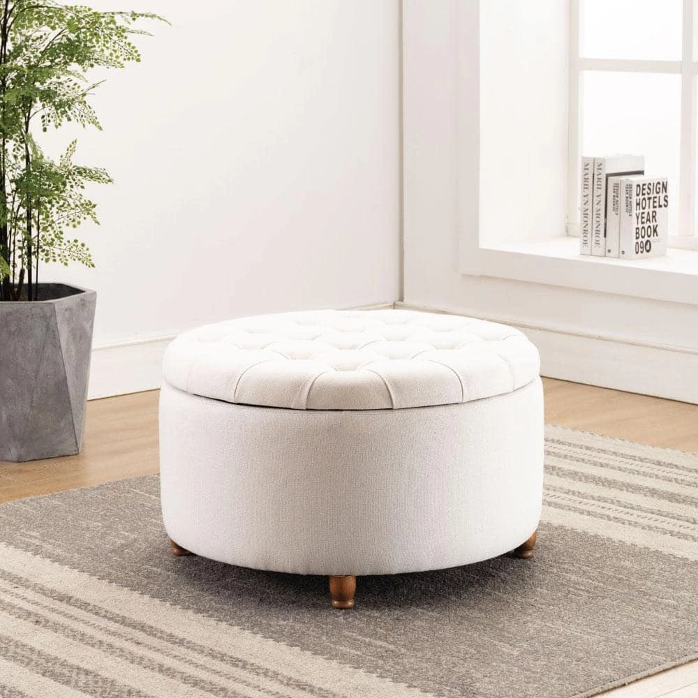 Round Cream Tufted Upholstered Storage Ottoman by ELUXURY 6 Round Cream Tufted Upholstered Storage Ottoman by ELUXURY - Image 4