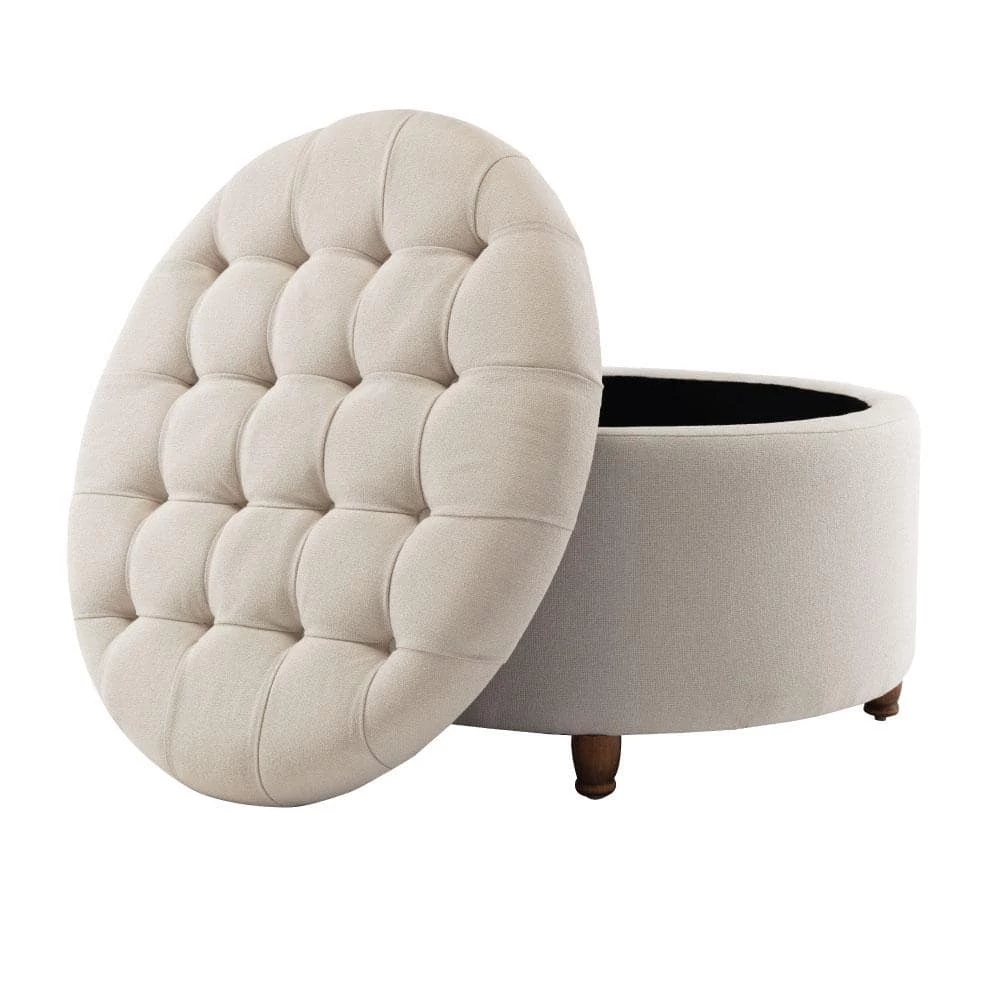 Round Cream Tufted Upholstered Storage Ottoman by ELUXURY 3 Round Cream Tufted Upholstered Storage Ottoman by ELUXURY