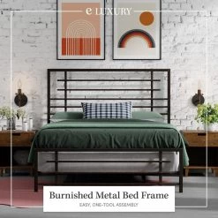 Colton Carbon Steel Brown Metal Queen Panel Bed Frame by ELUXURY -Nexera Sales Store dark silver gray with brassy undertones eluxury panel beds lpcoltonbed qn c3 1000