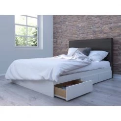 Cadence Full Platform Bed with 3 Storage Drawers and a Headboard White and Ebony by Nexera -Nexera Sales Store ebony laminate matte white lacquer and white melamine nexera platform beds 400995 40 1000