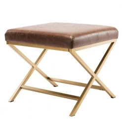 Walnut Faux Leather Ottoman with Gold Metal X-Shape Base by ELUXURY