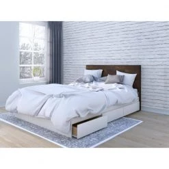 Modena Queen size Platform Bed with 3 Storage Drawers and Headboard White and Truffle by Nexera -Nexera Sales Store matte white lacquer white melamine and dark brown truffle laminate nexera platform beds 400991 31 1000