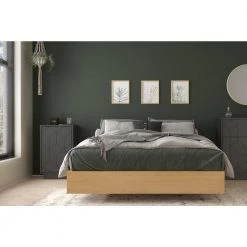 Cameo Beige and Grey Wood Frame Full Size Platform Bed with Nightstand by Nexera -Nexera Sales Store natural maple laminate charcoal grey matte lacquer charcoal grey melamine nexera platform beds 402782 31 1000