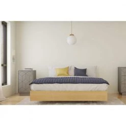 Bilou Beige and Grey Wood Frame Queen Size Platform Bed with Nightstand by Nexera -Nexera Sales Store natural maple laminate greige matte lacquer greige melamine nexera platform beds 402778 31 1000