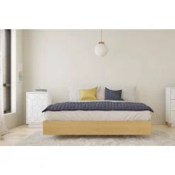 Baracuda Beige and White Wood Frame Queen Size Platform Bed with Nightstand by Nexera -Nexera Sales Store natural maple laminate white matte lacquer white melamine nexera platform beds 402772 31 1000