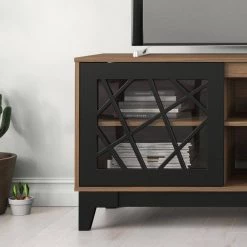 Graphik 71 in. Nutmeg and Matte Black Engineered Wood TV Stand Fits TVs Up to 80 in. with Storage Doors by Nexera -Nexera Sales Store nutmeg melamine and matte black lacquer nexera tv stands 402328 1d 1000