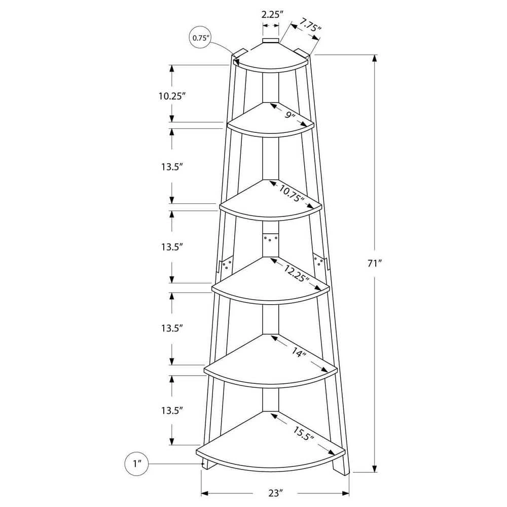 71 in. Tall Dark Taupe Corner Accent Bookcase 5 Shelves (3-Pack) by Monarch Specialties 8 71 in. Tall Dark Taupe Corner Accent Bookcase 5 Shelves (3-Pack) by Monarch Specialties - Image 6