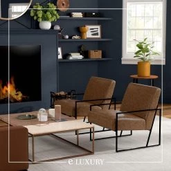 Industrial Slanted Accent Chair with Metal Base, Walnut Faux Leather by ELUXURY -Nexera Sales Store walnut eluxury accent chairs hac011 fl01 ch 31 1000