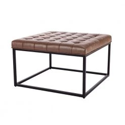 Walnut Faux Leather Large Square Tufted Ottoman with Black Metal Base by ELUXURY