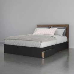 Sequoia 81.75 in. W Walnut Laminate & Black Melamine Queen Size Wood Frame Platform Bed with 3 Drawers and Headboard by Nexera -Nexera Sales Store walnut laminate black melamine nexera platform beds 402602 31 1000