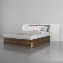 Cologne 81.75 in. W Walnut Laminate & White Melamine Queen Size Wood Frame Platform Bed with 3 Drawers and Headboard by Nexera -Nexera Sales Store walnut laminate white melamine nexera platform beds 402616 31 1000