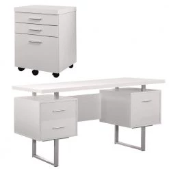 60 in. x 30.25 in. White Office Computer Desk with Filing Drawer and 3-Drawer Filing Cabinet by Monarch Specialties