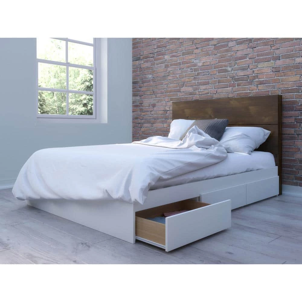 Modena 76 in. W White Melamine and Brown Truffle Laminate Full Size Wood Frame Platform Bed with 3 Drawers and Headboard by Nexera 8 Modena 76 in. W White Melamine and Brown Truffle Laminate Full Size Wood Frame Platform Bed with 3 Drawers and Headboard by Nexera - Image 6