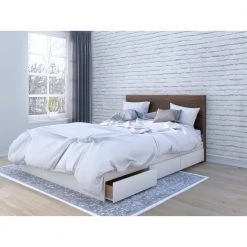 Axel Queen size Platform Bed with 3 Storage Drawers and Headboard White and Walnut Wood by Nexera -Nexera Sales Store white melamine matte white lacquer and walnut laminate nexera platform beds 402003 40 1000