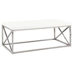 44 in. White/Chrome Large Rectangle Marble Coffee Table with Metal Design by Monarch Specialties