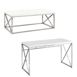 White Chrome Metal Contemporary Design Living Room Coffee Table and Desk by Monarch Specialties