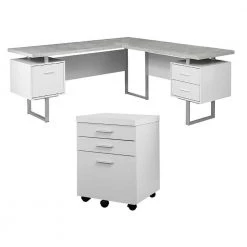 70 in. Modern Computer Desk and 3-Drawer Rolling Filing Cabinet, White by Monarch Specialties