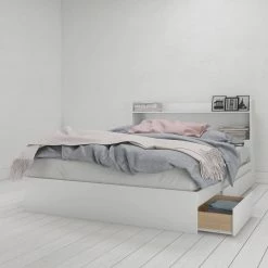Aura White Queen Size 3-Drawer Storage Bed and Storage Headboard by Nexera